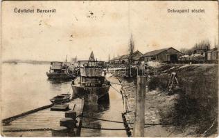 1917 Barcs, Dráva parti részlet, rakparti iparvasút, DDSG hajók (Rb)
