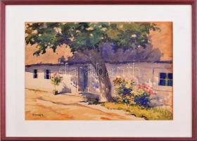 Bereck Károly (-): Falusi ház részlet. Akvarell, papír, jelzett, üvegezett keretben. 29x39 cm