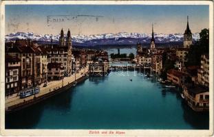 1928 Zürich, und die Alpen / general view, tram, bridge (EK)