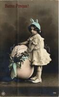 1911 Buona Pasqua! / Easter greeting card, girl with giant egg