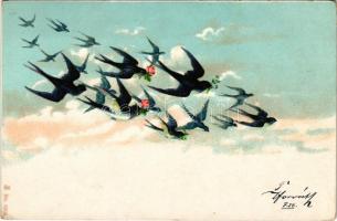 1899 (Vorläufer) Litho greeting card with swallows (EK)