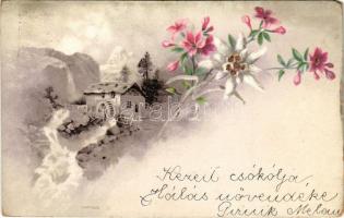 1900 Litho greeting card with watermill and flowers (EM)