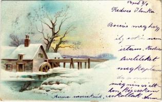 1900 Litho greeting card with watermill in winter (EK)