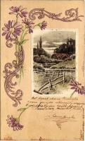 1901 Art Nouveau, floral, Emb. litho greeting card (vágott / cut)