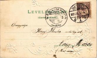 1901 Art Nouveau, floral, Emb. litho greeting card (vágott / cut)