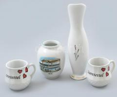4 darabos retro porcelán tétel, részben jelzett, váza, csésze, kopásnyomokkal, m: 6-20 cm