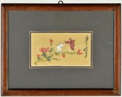 Kínai festett selyem kép, pillangós, üvegezett keretben, jelzett, 16x9cm