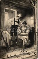 1901 Lady art postcard, romantic couple, folklore. Fec. Ch. Scolik Wien (EK)
