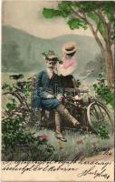 1903 Lady art postcard, romantic couple with bicycles. K.V.i.B. 12. Dess. 6.