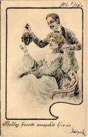 1902 Boldog húsvéti ünnepeket / Easter greeting art postcard. B.K.W.I. 4002/2. (EK)