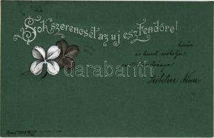 1900 Sok szerencsét az új esztendőre! / New Year greeting art postcard with clovers. Emb. litho