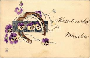 1900 Greeting card with horseshoe and flowers. Emb. litho (fl)