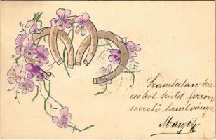 1900 Greeting card with horseshoes and flowers. Emb. litho (fl)