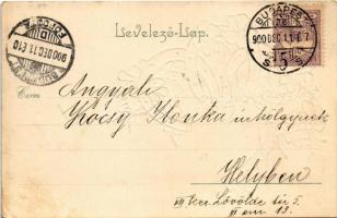 1900 Greeting card with horseshoes and flowers. Emb. litho (fl)