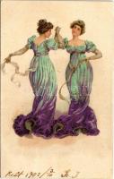1902 Szecessziós iker hölgyek / Art Nouveau twin ladies. litho (EK)