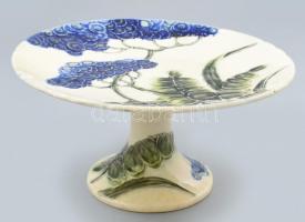 Szecessziós fajansz tortatál, jelzés nélkül, csorbával, m: 13 cm, d: 25 cm