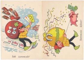 4 db modern Totó-lottó leporello üdvözlőlap, reklámlap / 4 MODERN lottery advertisement cards, greet...