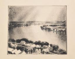 Kiss Terézia (1928- ): Fények a Dunán. Rézkarc, papír, jelzett, 24x29 cm