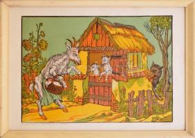 Gácsi Mihály (1926-1987): A farkas és a kecskegidák. (8/100) Színes linómetszet, papír, jelzett. Kissé kopott fakeretben, 35x50 cm