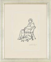 Kováts Nagy Ira (1921-2008): Nagypapa kutyával. Filctoll, papír, jelzett, üvegezett keretben, 20x14 cm