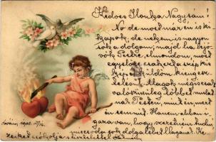 1900 Children art postcard, Cupid with hearts. Floral, litho (fl)
