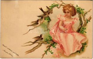 1901 Children art postcard, girl. litho