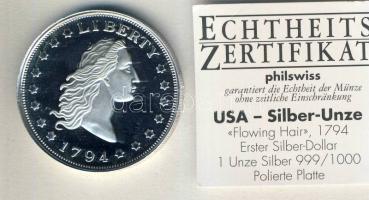 USA DN Az első ezüst USA-dollár kópiája Ag 31,2g T:PP tanúsítvánnyal