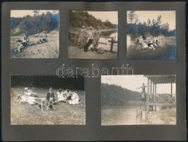 cca 1930 Autóversenyen és családi fürdőzésen készült fotók albumlapra ragasztva, 11 db, 6,5×6 és 6,5×9 cm