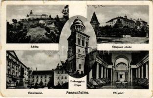 1937 Pannonhalma, látkép, főbejárat, udvar, könyvtár belső, székesegyház torony (fa)