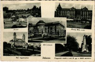 Debrecen, Református nagytemplom, strand, Arany Bika szálló, Déri múzeum, Nagyerdei részlet a volt 39. gyalogezred hősök szobrával