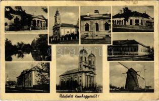 1943 Kunhegyes, községháza, országzászló, szélmalom, szálloda (Rb)