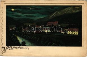 Neuberg an der Mürz (Steiermark), Badehaus am Nacht / spa at night. Regel & Krug No. 1922. Art Nouveau, litho (EK)