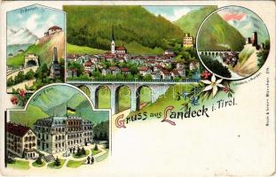 Landeck im Tirol, St. Anton, Hotel Post, Viadukt / railway bridge, viaduct, locomotive train. Moch & Stern Art Nouveau, floral, litho