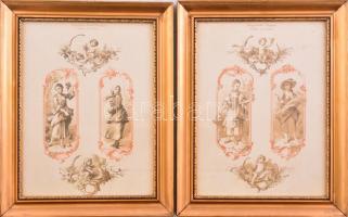 cca 1900-1910 A négy évszak allegóriája, 2 db szecessziós nyomat (Dekorative Vorbilder), dekoratív, üvegezett keretben, 30,5x22,5 cm