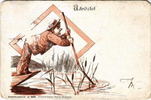 1899 (Vorläufer) Üdvözlet. Humoros lap / Humorous greeting art postcard (felszíni sérülés / surface damage)