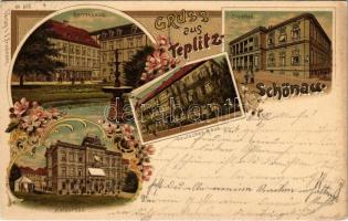 1898 (Vorläufer) Teplice, Teplitz-Schönau; Herrenhaus, Stadtbad, Kaiserbad, Deutsches Haus / spa, bath, German House. Verlag v. E. Friedmann. Art Nouveau, floral, litho