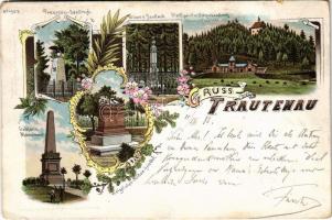 1898 (Vorläufer)Trutnov, Trautenau; Preussen-Denkmal, Wowes Denkmal, Stadtpark m. Kapellenberg, Gablenz-Monument, Walzelscher-Militär-Friedhof / monuments, chapel, military cemetery. Verlag v. Georg Lorenz. Art Nouveau, floral, litho (EK)