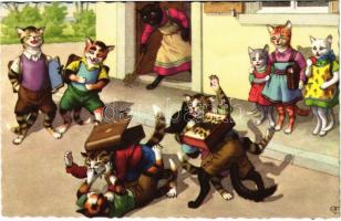 Macskák verekednek az iskola udvarán / Cat fight in the school yard. Colorprint B Special 2259/1. - modern (fa)
