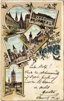 1898 (Vorläufer) Vysoké Myto, Kostel sv. Vavrince, Hotel Posta, Chocenská vez (Karaska), Litomyslská Brána, Prazská Brána / church, hotel, street view, city gates. Lit. Th. Böhm. Art Nouveau, floral, litho (worn corners)