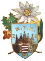 1911. M.T.E. E-O (Magyar Turista Egyesület Esztergomi Osztálya) 1911 zománcozott és aranyozott jelvény függőleges tűvel (29x41mm) T:1- patina