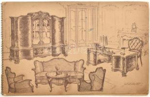 cca 1930 Neobarokk / neorokokó bútorokterveket bemutató katalógus, Fürst Jenő Újpest, Várnai Jenő (Astoria) Nyomda, harántalakú, spirálfűzéses füzetben, 42x26,5 cm