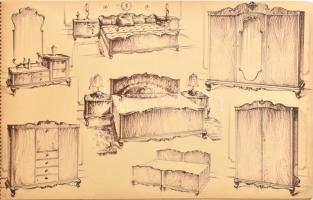 cca 1930 Neobarokk / neorokokó bútorokterveket bemutató katalógus, Fürst Jenő Újpest, Várnai Jenő (A...