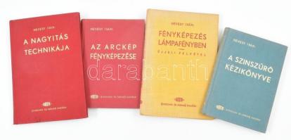 Hevesy Iván 4 fotós könyve:  A színszűrő kézikönyve.; A nagyítás technikája. HAFA-Fotókönyvek 1. köt. Harmadik kiadás.; Fényképezés lámpafényben reflektorral, magnéziummal és az éjjeli felvétel. HAFA-Fotókönyvek 2. köt. Harmadik kiadás.; Hevesy Iván: Az arckép fényképezése. HAFA Könyvtár 34-35-36-37. sz. Bp., én., HAFA (Hatschek és Farkas.) Kiadói egészvászon-kötés, jó állapotban.