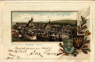 1903 Krems an der Donau, general view, coat of arms. Art Nouveau, floral, Emb. litho (lyuk / pinhole)