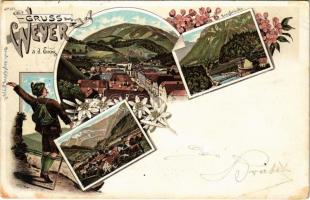 1897 (Vorläufer!) Weyer, Ennsbrücke / general view, bridge, folklore. Regel & Krug Art Nouveau, floral, litho (EK)