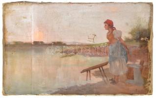 Zeller Mihály (1859-1915): Ruhamosás a folyó partján. Olaj, vászon. Jelzett jobbra lent. Sérülésekkel, 80x49 cm
