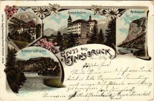 1897 (Vorläufer!) Innsbruck (Tirol), Sillfall beim Berg Isel, Schloss Ambras, Martinswand, Schloss Weitzerburg / waterfall, castle. Carl Otto Hayd Art Nouveau, floral, litho (b)
