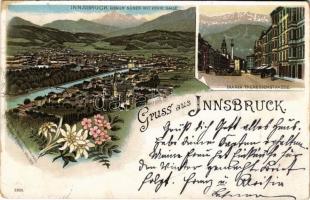 1897 (Vorläufer!) Innsbruck (Tirol), gegen Süden mit Hohe Saile, Maria Theresienstrasse. Art Nouveau, floral, litho (small tear)