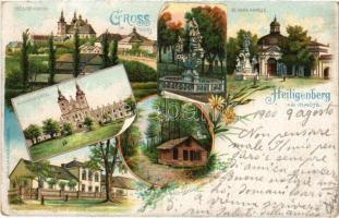 1900 Svaty Kopecek (Olomouc, Olmütz); Heiligenberg, St. Anna Kapelle, Wald-Idylle (Adamuvka-Brunnen), Villa der Schönen Aussicht, Kirchenportal. Art Nouveau, floral, litho (small tear)