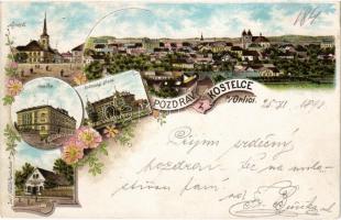 1898 (Vorläufer) Kostelec nad Orlicí, Námestí, Realka, Holnická skola. Lit. F. Hoblík Art Nouveau, floral, litho (EK)